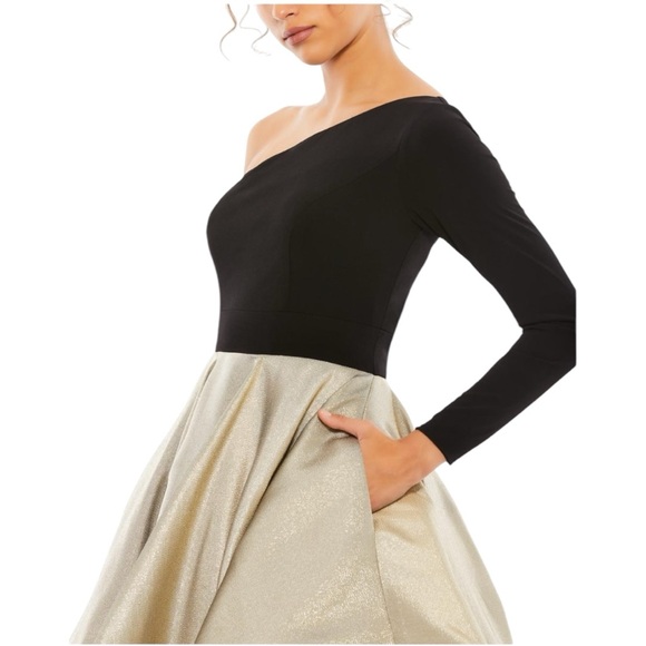 Ieena for Mac Duggal Black Gold One Shoulder A-Line Dress #48929 Size 4 NWT - Picture 2 of 6